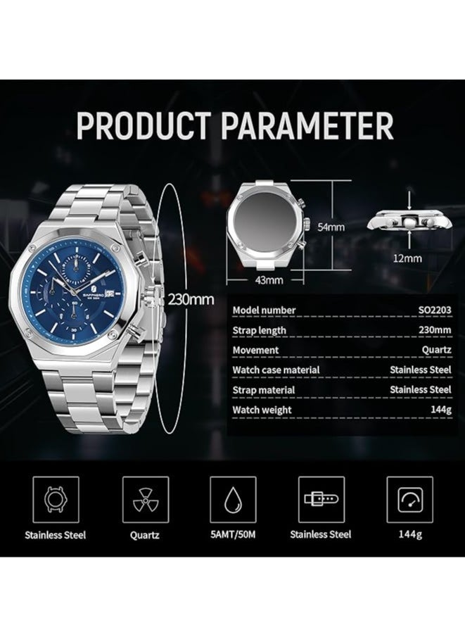 Sapphero - Watch for Men Stainless Steel Mens Watches Waterproof Analog Quartz Movement Wrist Watch Gifts for Men - Image 1