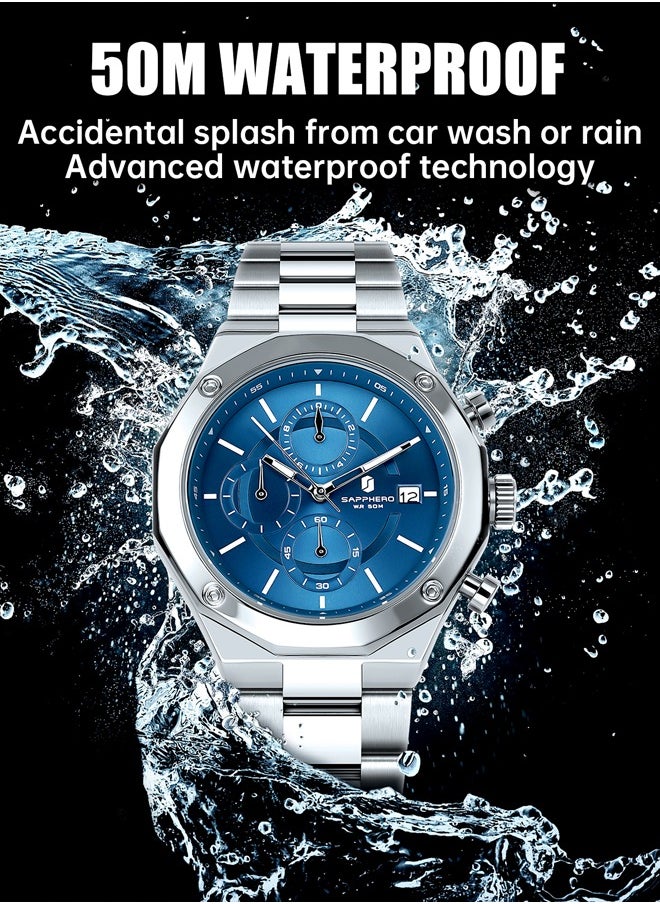 Sapphero - Watch for Men Stainless Steel Mens Watches Waterproof Analog Quartz Movement Wrist Watch Gifts for Men - Image 1