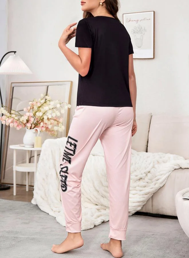 Take Two Black Slogan Text Print T-Shirt and Cuffed Pyjama Set