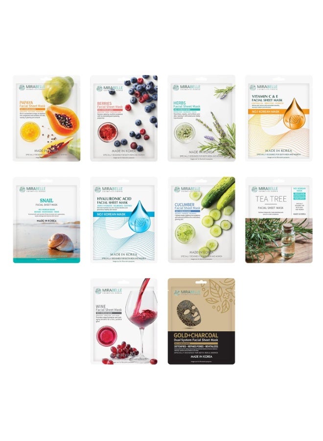 Mirabelle Crystal Clear Skin Facial Sheet Mask | Korean Face Sheet Mask | Acne Control & Soothing | Unisex Combo Pack of 10 (25ml Each) - Image 1