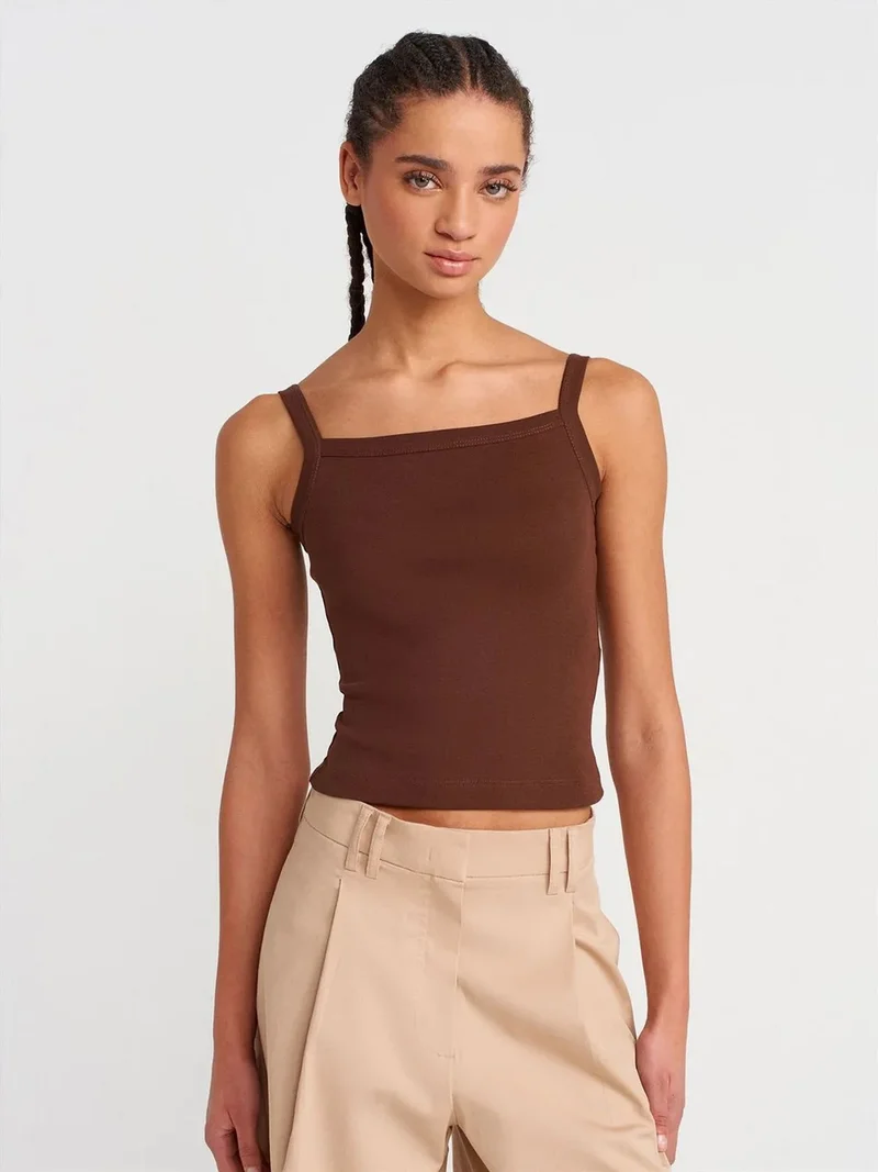 ديلفين Dilvin Ribbed Cotton Square-Neck Cami Blouse