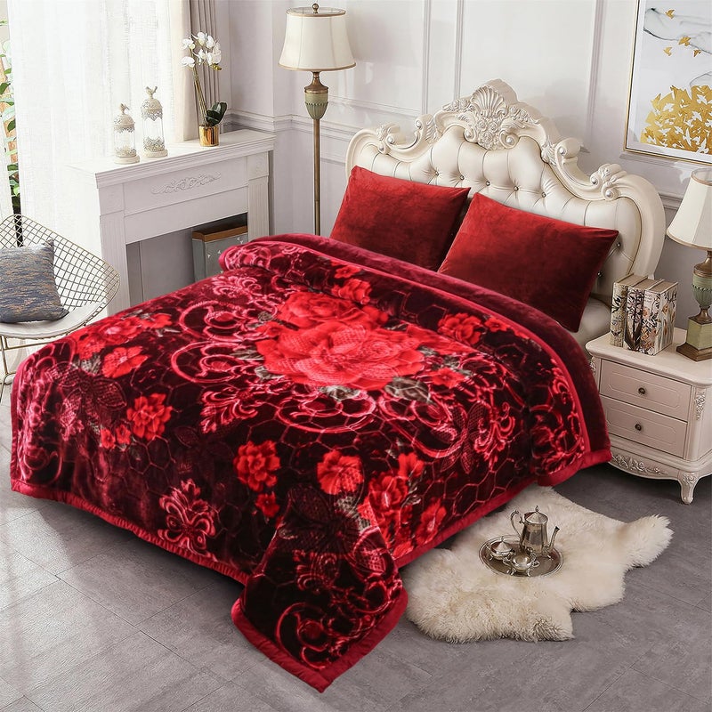 JML Korean Style Fleece Blanket King 87x94 105 Pounds Plush Raschel Fleece Heavy Blanket for Winter 2 Ply AB Floral Printed with Embossing Pattern Silky Soft Thick Warm Burgundy Roses