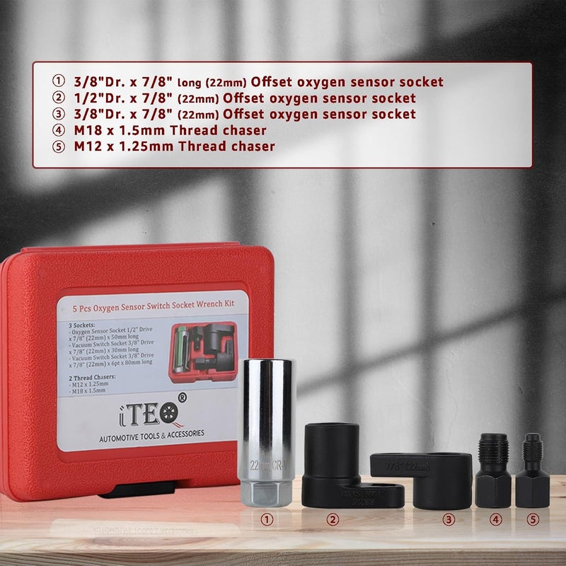 ITEQ 5 Pcs Automotive Oxygen Sensor Socket Wrench Remover tool and Thread Chaser Set - Image 3