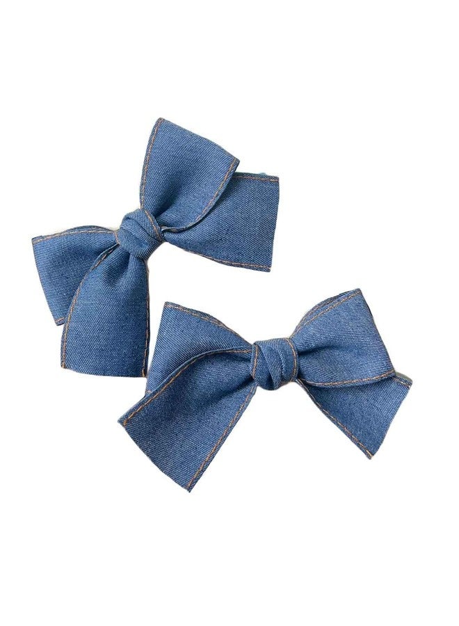 BBTDIN Blue Denim Hair Clip Pin Bow Girls Blue Jeans HairClip Girls Large Bows HairPin BW01 (Set H) - Image 1