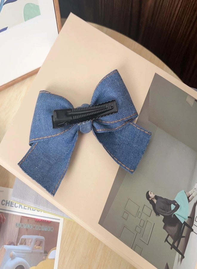 BBTDIN Blue Denim Hair Clip Pin Bow Girls Blue Jeans HairClip Girls Large Bows HairPin BW01 (Set H) - Image 3