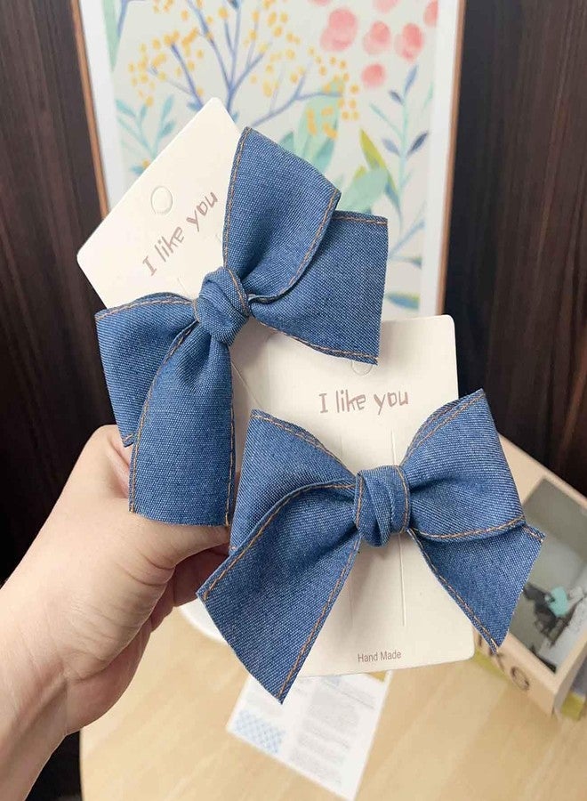 BBTDIN Blue Denim Hair Clip Pin Bow Girls Blue Jeans HairClip Girls Large Bows HairPin BW01 (Set H) - Image 4