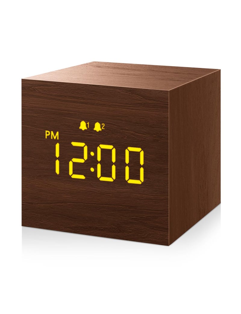 Jall Digital Alarm Clock with Wooden Electronic LED Time Display 3 Alarm 25inch Cubic Small Mini Wood Made Electric Clocks for Bedroom Bedside Desk Brown