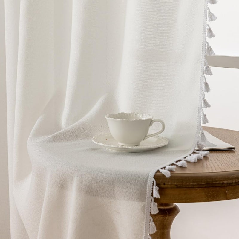 F-CHU Boho White Curtains 84 Inches Long Bohemia Linen Curtains for Bedroom Living Room, Super Soft Light Filtering Country Rustic Semi Sheer Farmhouse Curtain Rod Pocket 2 Panels Set 52x84 - Image 3