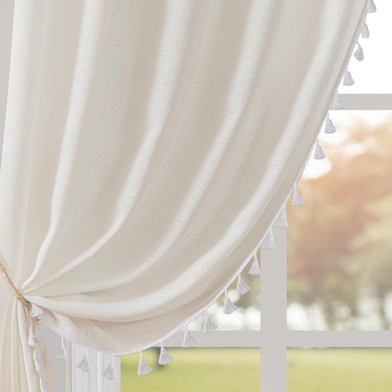F-CHU Boho White Curtains 84 Inches Long Bohemia Linen Curtains for Bedroom Living Room, Super Soft Light Filtering Country Rustic Semi Sheer Farmhouse Curtain Rod Pocket 2 Panels Set 52x84 - Image 1