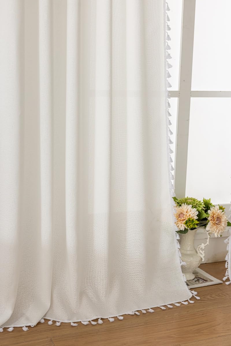 F-CHU Boho White Curtains 84 Inches Long Bohemia Linen Curtains for Bedroom Living Room, Super Soft Light Filtering Country Rustic Semi Sheer Farmhouse Curtain Rod Pocket 2 Panels Set 52x84 - Image 5