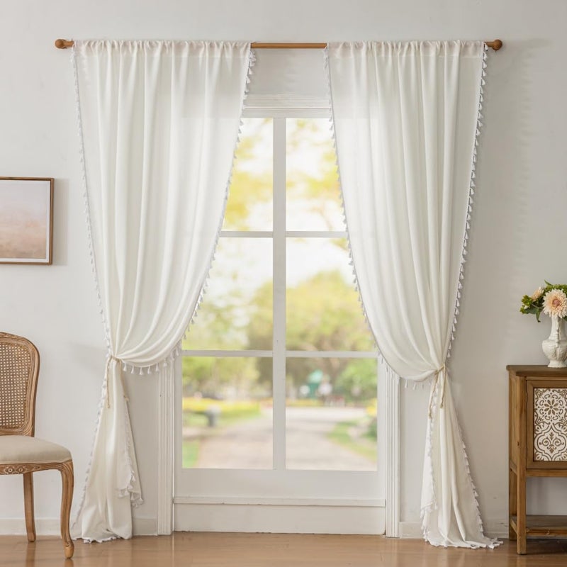 F-CHU Boho White Curtains 84 Inches Long Bohemia Linen Curtains for Bedroom Living Room, Super Soft Light Filtering Country Rustic Semi Sheer Farmhouse Curtain Rod Pocket 2 Panels Set 52x84 - Image 4