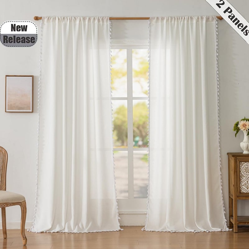 F-CHU Boho White Curtains 84 Inches Long Bohemia Linen Curtains for Bedroom Living Room, Super Soft Light Filtering Country Rustic Semi Sheer Farmhouse Curtain Rod Pocket 2 Panels Set 52x84 - Image 2