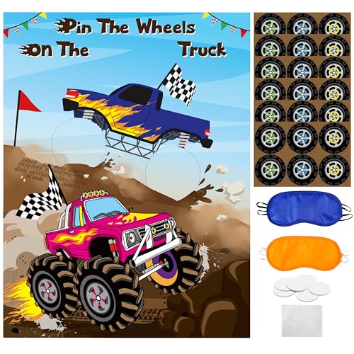 ANGOLIO Blindfold Game Truck Party Supplies with 2 Blindfolds and Poster Pin The Wheels On The Truck Racing Car Theme Birthday Party Games Fun Carnival Activities Kids Boys Baby Shower Background - Image 1