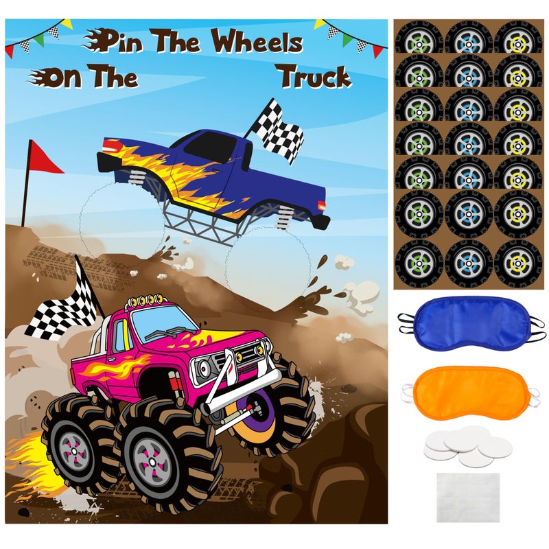 ANGOLIO Blindfold Game Truck Party Supplies with 2 Blindfolds and Poster Pin The Wheels On The Truck Racing Car Theme Birthday Party Games Fun Carnival Activities Kids Boys Baby Shower Background - Image 3