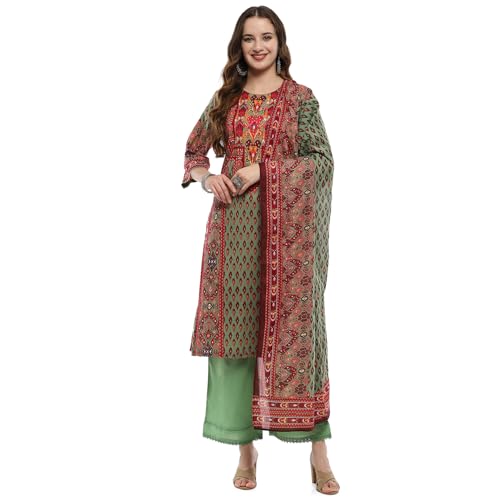 BIBA Women's Green Cotton Straight Suit Set (SKDUZBEK9875AW24GRN - Image 1