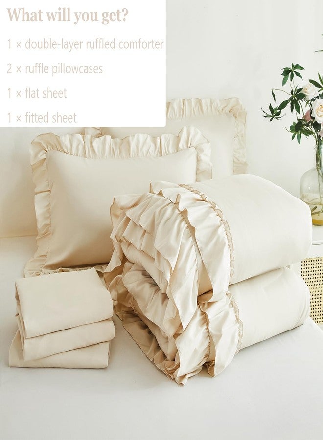 ANGIYUIN 5 Pieces Beige Full Bed in A Bag Ruffled Comforter Sets Solid Farmhouse Bedding Set for Girls Women Soft Lightweight Girl Bed Set(Beige Full) - Image 5