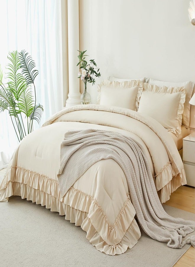 ANGIYUIN 5 Pieces Beige Full Bed in A Bag Ruffled Comforter Sets Solid Farmhouse Bedding Set for Girls Women Soft Lightweight Girl Bed Set(Beige Full) - Image 2