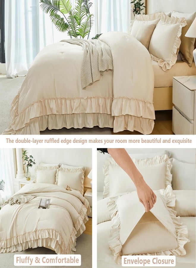 ANGIYUIN 5 Pieces Beige Full Bed in A Bag Ruffled Comforter Sets Solid Farmhouse Bedding Set for Girls Women Soft Lightweight Girl Bed Set(Beige Full) - Image 4