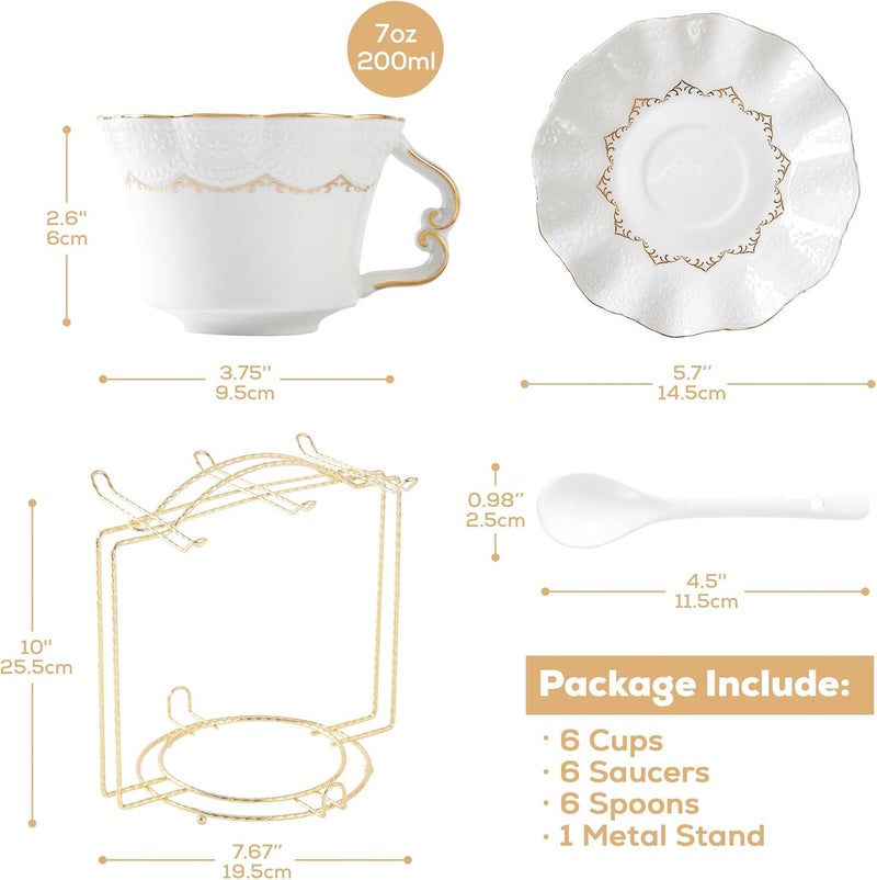 DUJUST Tea Cups and Saucers with Golden Trim,Set of 6 (7 OZ), Luxury Relief Printing Coffee Cups with Metal Stand, British Royal Porcelain Tea Party Set - White - Image 5