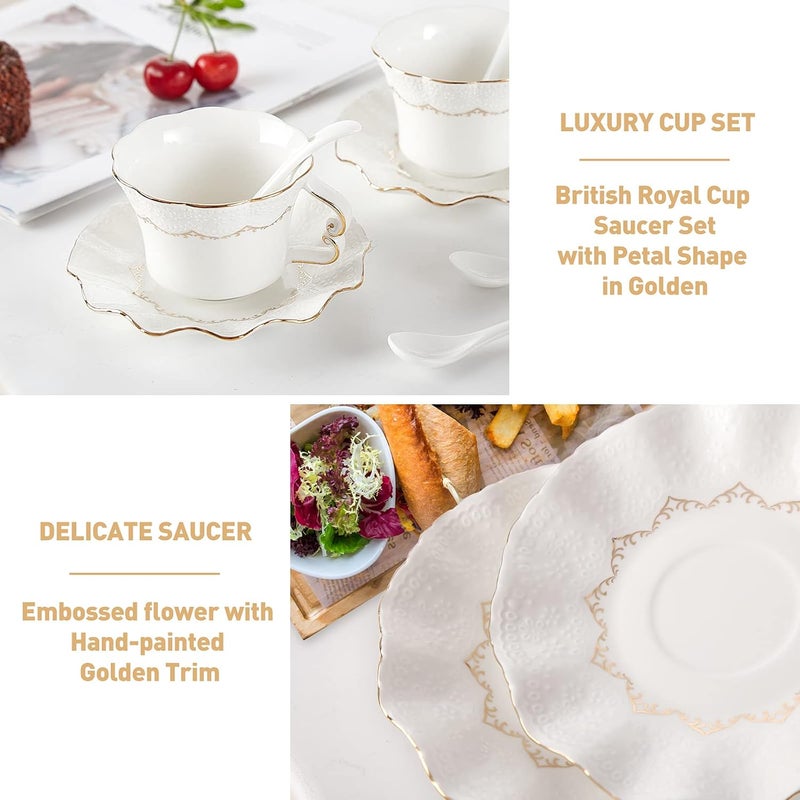 DUJUST Tea Cups and Saucers with Golden Trim,Set of 6 (7 OZ), Luxury Relief Printing Coffee Cups with Metal Stand, British Royal Porcelain Tea Party Set - White - Image 3