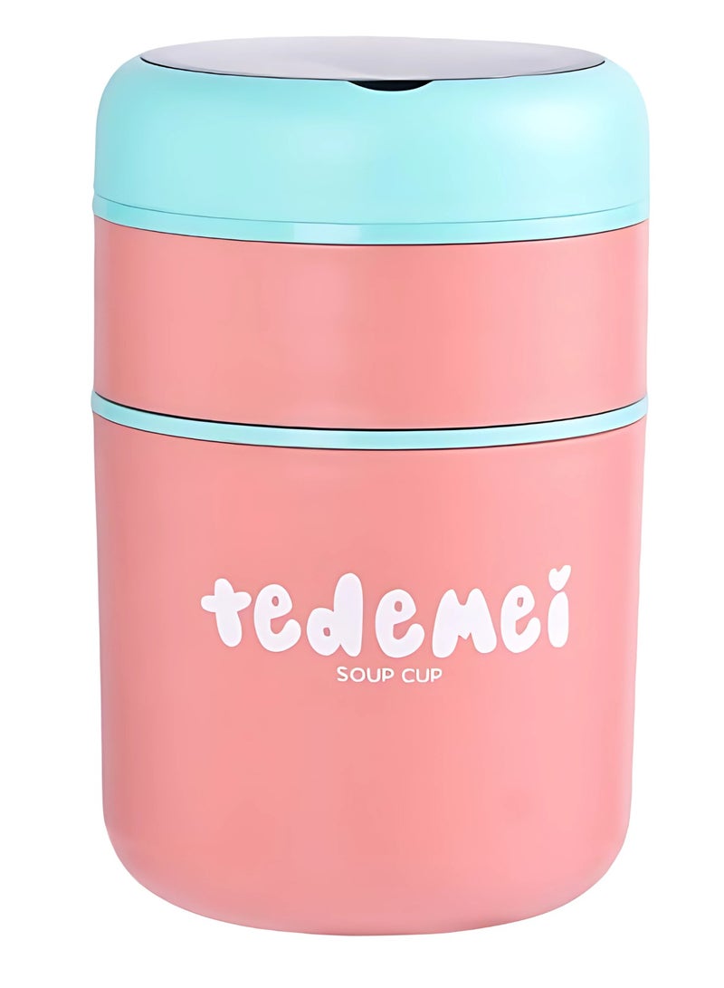 Tedemei Double Soup Bowl Insulated Lunch Container Thermos Steel Food Jar with Spoon Stainless Steel 2 Compartment Leak Proof Airtight Lunch Container for Hot and Cold Food 710ml (Pink) - Image 1