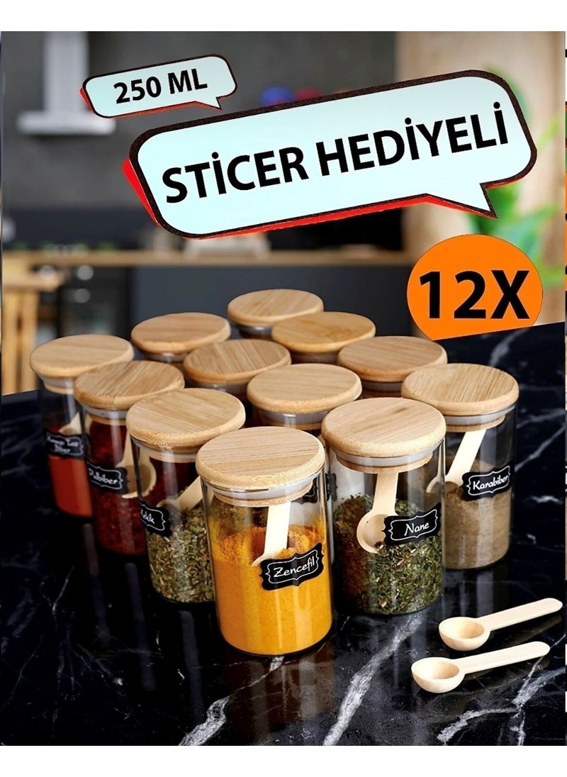 Kitchen Pembelia 12-Piece Labeled Bamboo Vacuum Lid 250ml Spice Jar and 12 Spice Spoons 