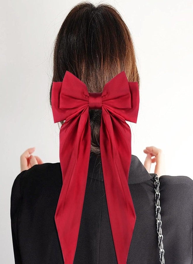 YANWENX Big Bow Hair Clips 2pcs, Long Tail French Satin Silky Bow Hair Barrette for Women Girl, Burgundy Red Royal Blue Bow - Image 2
