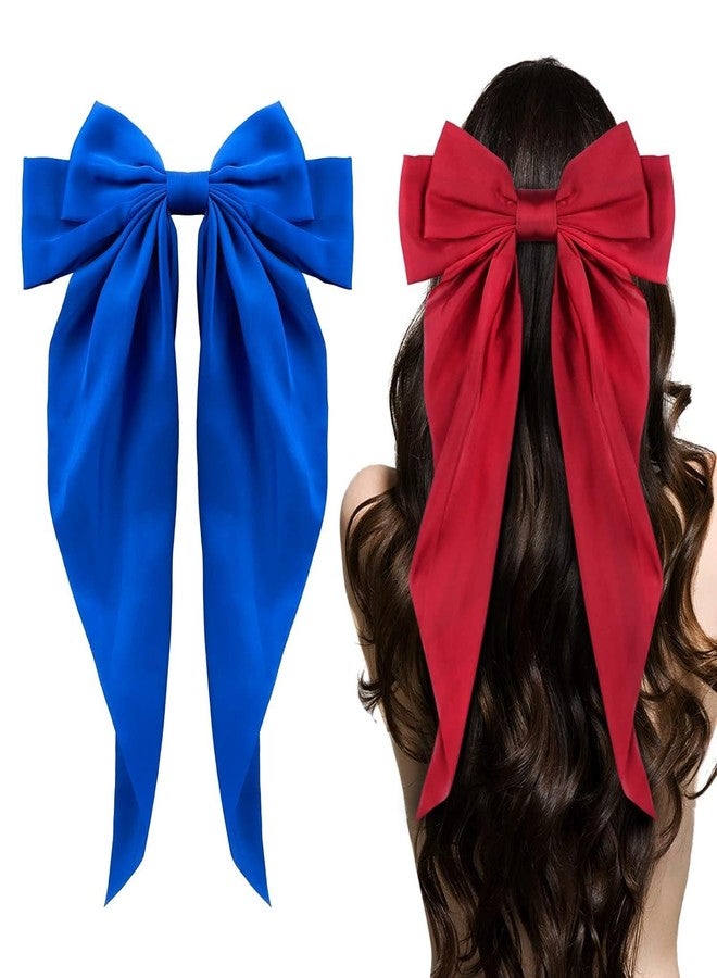 YANWENX Big Bow Hair Clips 2pcs, Long Tail French Satin Silky Bow Hair Barrette for Women Girl, Burgundy Red Royal Blue Bow - Image 1