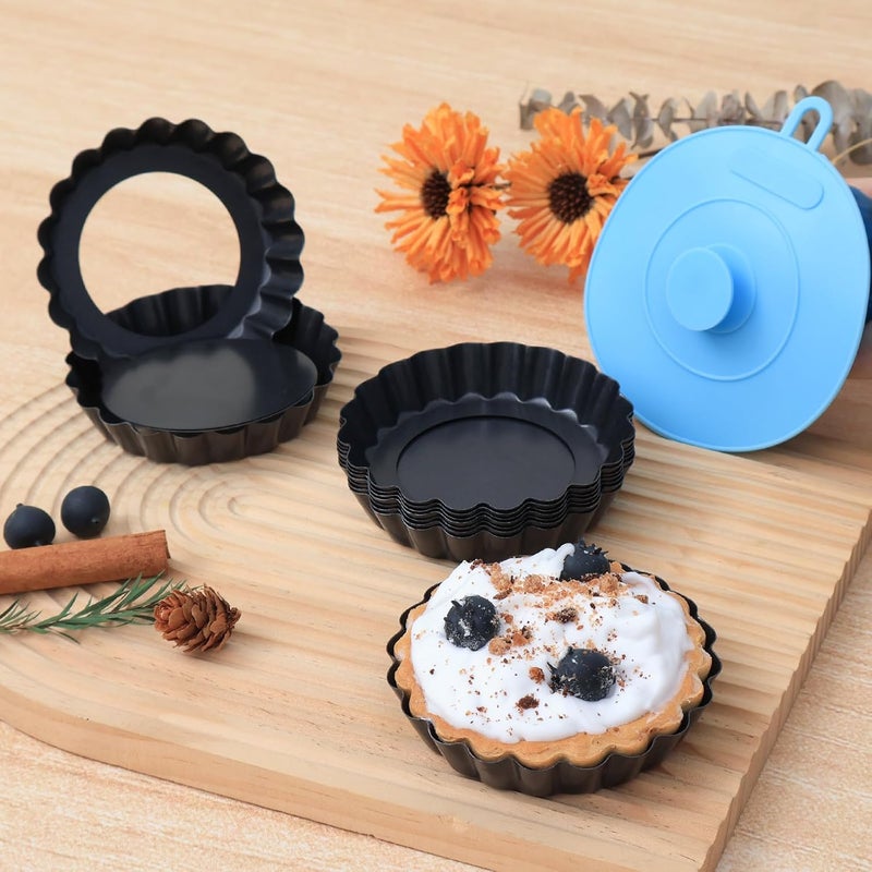 Vnray Mini Tart Pans with Removable Bottom 4 inch Set of 10, Non-stick Round Quiche Pan Heavy Duty Carbon Steel for Mousse Cakes, Christmas Dessert Baking with Silicone Scrubber - Image 1