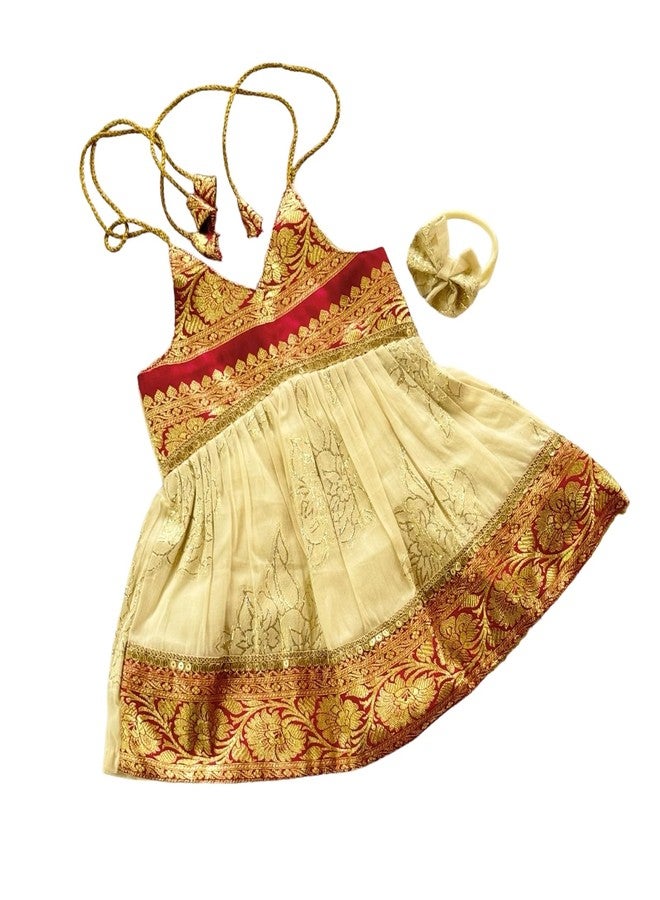 Picksparrow فستان قطني حريري قصير يصل إلى الركبة من Picksparrow للرضع حديثي الولادة / فستان عيد ميلاد تقليدي / زي هندي احتفالي مع ربطة شعر (حواف) (0-3 أشهر، وردي) - Image 1