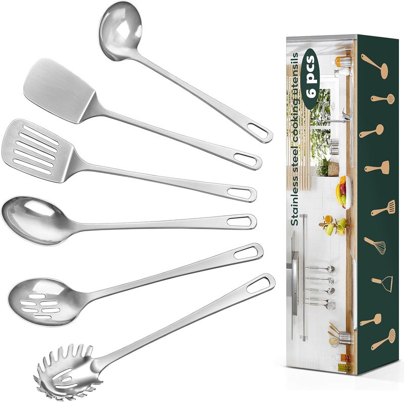 MemoGem 6 Pcs Cooking Utensils Set, Stainless Steel Kitchen Tool, Heat Resistant Metal Utensils Include Solid & Slotted Tuner Wok Spatula, Ladle, Serving Spoon, Pasta Server, Ergonomic Handle, Easy to Clean - Image 1
