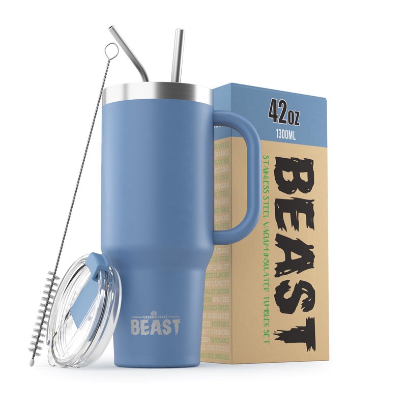 Greens Steel Beast 42 oz Tumbler Stainless Steel Vacuum Insulated Coffee Ice Cup Double Wall Travel Flask (Stormy Sky Blue)  - Image 1