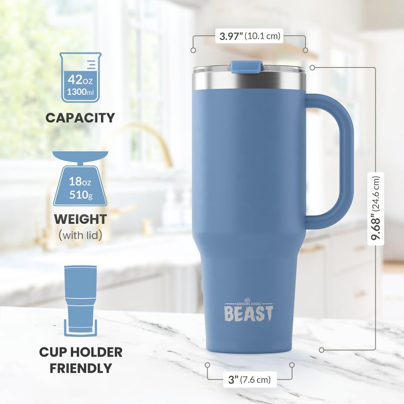 Greens Steel Beast 42 oz Tumbler Stainless Steel Vacuum Insulated Coffee Ice Cup Double Wall Travel Flask (Stormy Sky Blue)  - Image 3