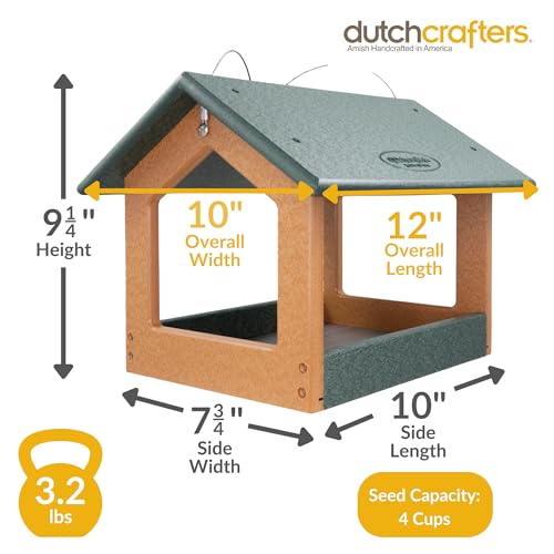 DutchCrafters Amish USA Made Recycled Plastic Large Hanging Modern Fly Through Covered Roof Open Platform Tray Bird Feeder for Outdoors Garden Yard Turf Green Bright Cedar - Image 3