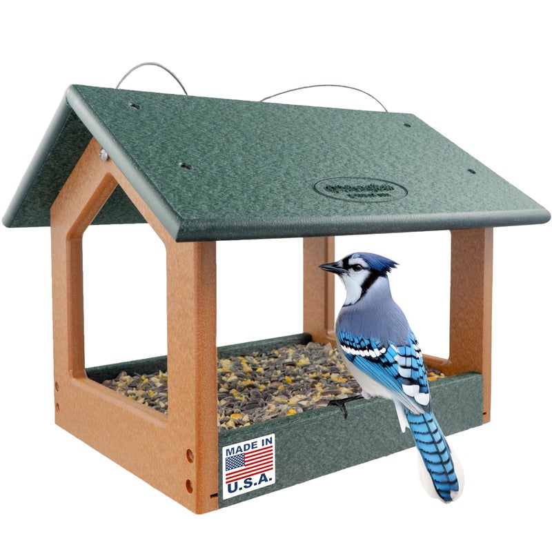 DutchCrafters Amish USA Made Recycled Plastic Large Hanging Modern Fly Through Covered Roof Open Platform Tray Bird Feeder for Outdoors Garden Yard Turf Green Bright Cedar - Image 2