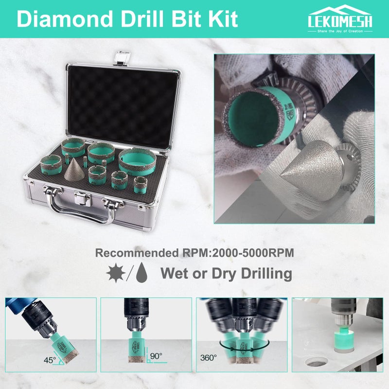 LEKOMESH Diamond Core Drill Bits Set 11pcs Tile Hole Saw Kit Triangle Shank(6/6/8/20/25/28/35/45/50/65mm/35mm Diamond Chamfer bits) - Image 3