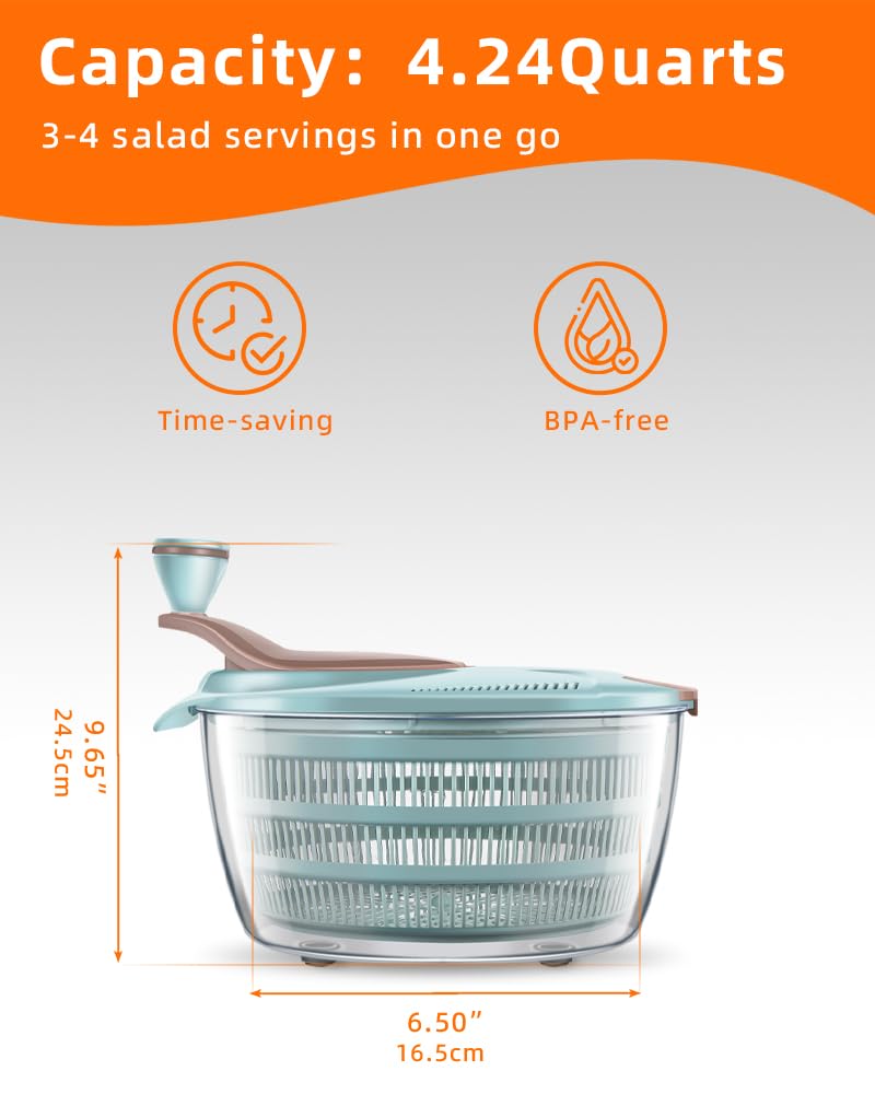 Brigii Salad Spinner, 4.24 Quart Lettuce Spinner with Double Drainage Holes, Salad Dryer for Washing, Spinning, and Draining Greens, Fruits, and Vegetables - Image 5