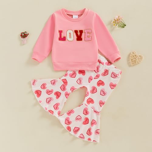Nokpsedcb Baby Boy Girl Cute Letter Embroidery Long Sleeve Sweatshirt and Elastic Long Pants Toddler Valentine Outfits (Pink Love, 3-4T) - Image 2
