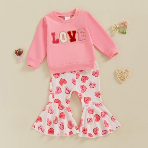 Nokpsedcb Baby Boy Girl Cute Letter Embroidery Long Sleeve Sweatshirt and Elastic Long Pants Toddler Valentine Outfits (Pink Love, 3-4T) - Image 3