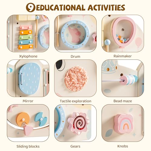 ROBUD Elephant Montessori Busy Board 12in1 Activity Wall Busy Board Montessori Sensory Wall Panel for Boys Girls Toddler Learning Activity Center for Playroom Nursery Beige - Image 5
