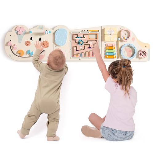 ROBUD Elephant Montessori Busy Board 12in1 Activity Wall Busy Board Montessori Sensory Wall Panel for Boys Girls Toddler Learning Activity Center for Playroom Nursery Beige - Image 1