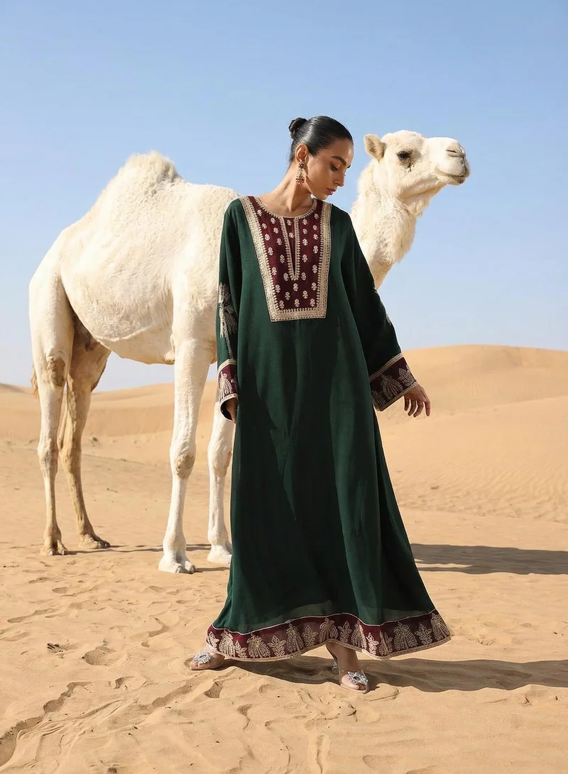 آي شين عباية مطرزة منسوجة خضراء عادية