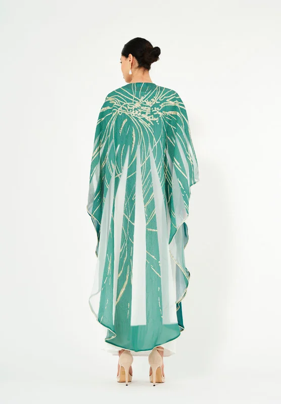 Thouq Beautiful Embroidered chiffon Jalabiya With Cowl Neckline With Long