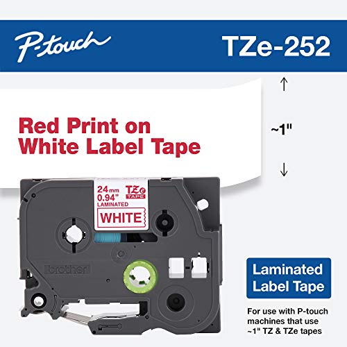 Brother Genuine P-Touch TZE-252 Tape, 1" (24 mm) Standard Laminated P-Touch Tape, Red on White, Laminated for Indoor or Outdoor Use, Water-Resistant, 26.2 ft (8 m), Single-Pack, TZE252, Large - Image 2