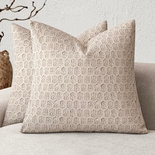 Foindtower Set of 2 Decorative Neutral Floral Print Throw Pillow Covers Vintage Accent Farmhouse Cushion Covers Boho Home Decor for Sofa Chair Couch Bedroom Living Room1818 InchIvory Beige - Image 1