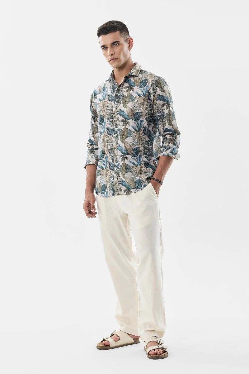 سنيتش Beige Floral Long Sleeve Slim Fit Shirt