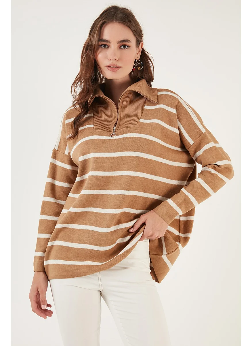 Lela Striped Half Zipper Oversize Knitwear Sweater Women's Sweater 4616080