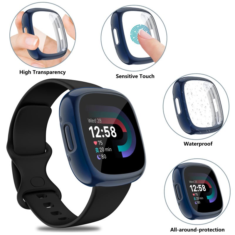 Tobfit [4 Pack] Screen Protector Case Compatible for Fitbit Sense 2 / Fitbit Versa 4, Slim Fit Full Protective Cover Shockproof Bumper Glossy Soft TPU Sense 2 Case Cover (Black+Graphite+Navy Blue+Clear) - Image 4