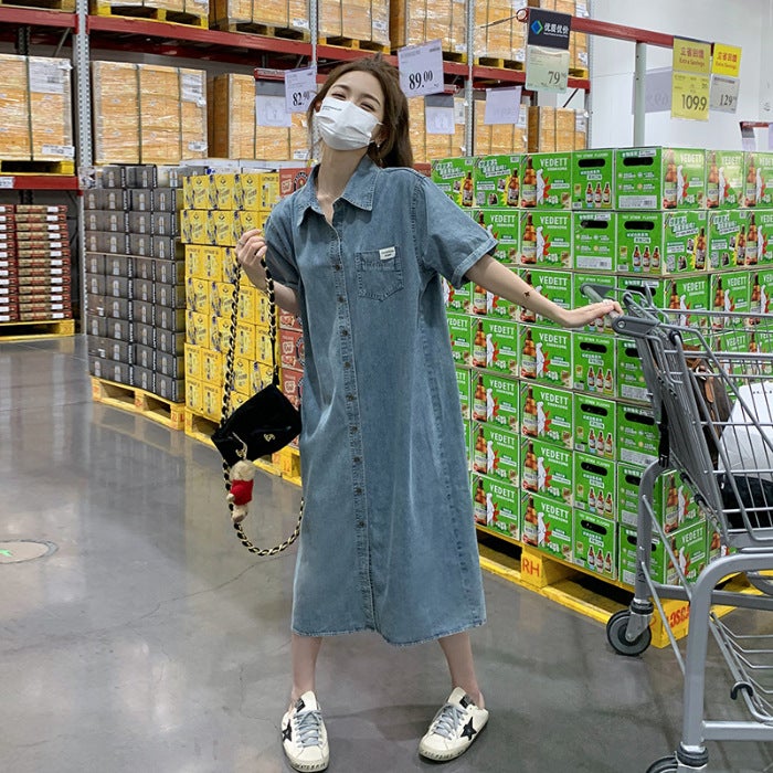 Denim dress womens summer 2023 new Korean style high sense skirt belly covering age reducing casual loose shirt dress Picture color 