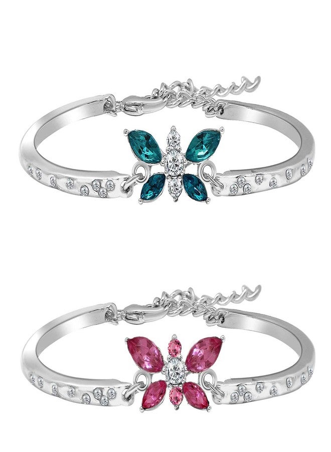 Mahi Butterfly-Shaped Bracelet Set of 2 with Pink Blue Crystals and Rhodium Plating for Women CO1104897R - Image 2